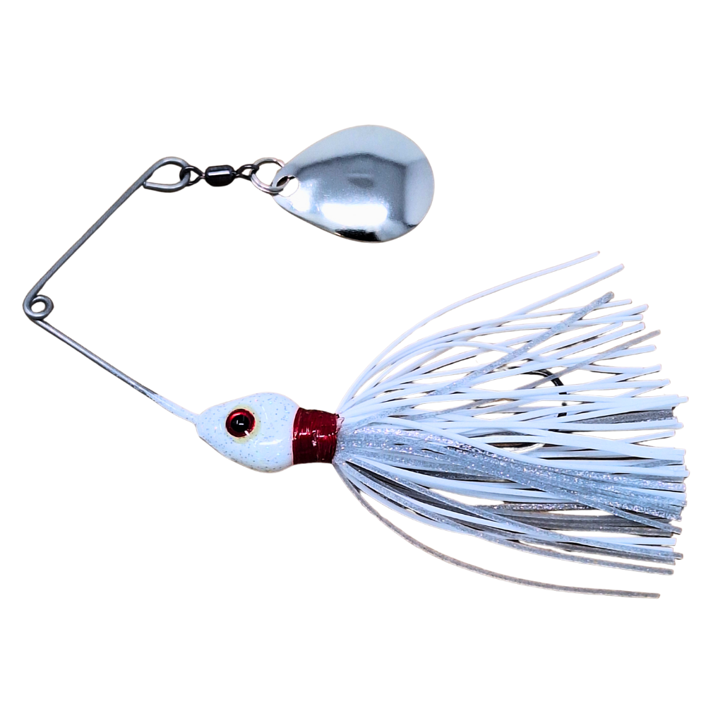 Fishing lure with a white and red body on a white background
